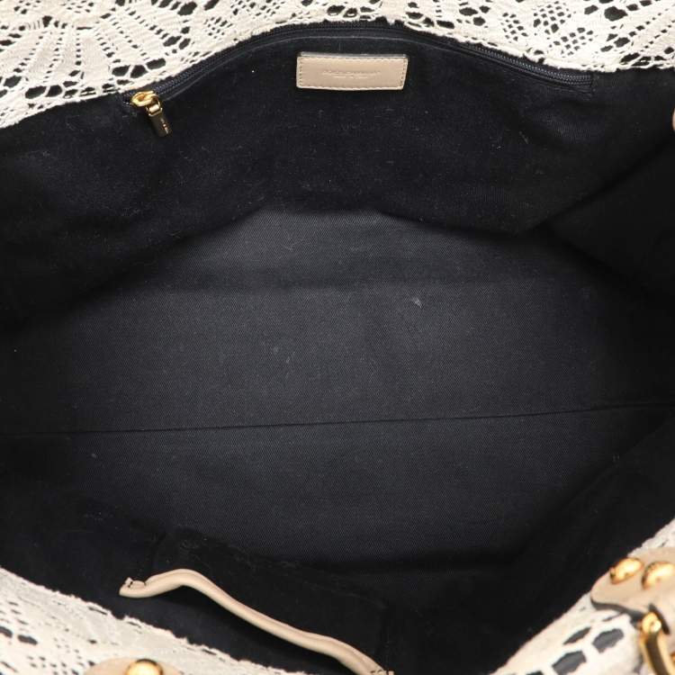 Pre Owned Dolce & Gabbana White/Beige Lace and Leather Large Miss Sicily Heritage Satchel