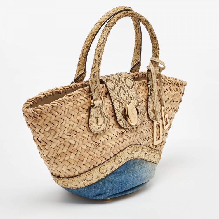 Pre Owned Dolce & Gabbana Multicolor Raffia, Denim and Python Miss Tookie Tote