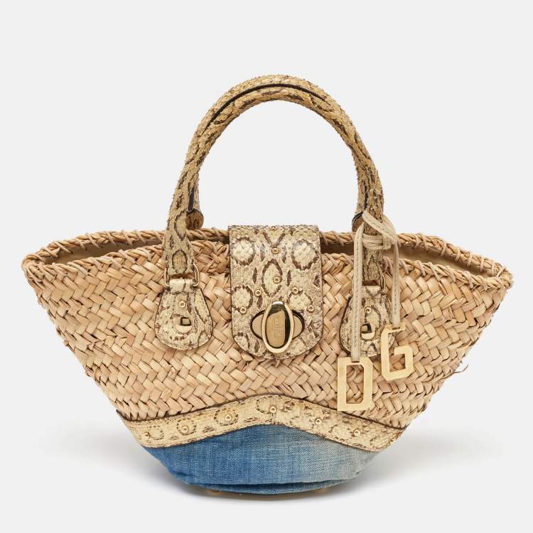 Pre Owned Dolce & Gabbana Multicolor Raffia, Denim and Python Miss Tookie Tote