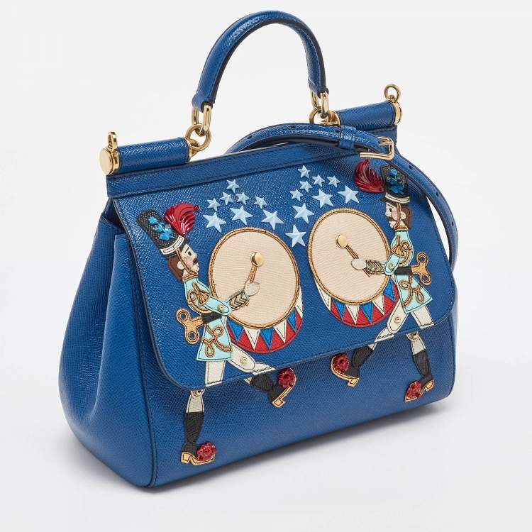 Pre Owned Dolce & Gabbana Blue Leather Drummer Large Miss Sicily Top Handle Bag