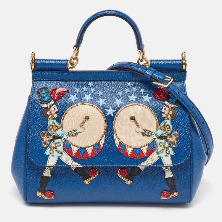Pre Owned Dolce & Gabbana Blue Leather Drummer Large Miss Sicily Top Handle Bag