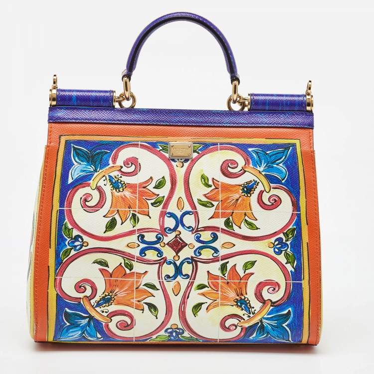 Pre Owned Dolce & Gabbana Multicolor Leather Majolica Print Large Miss Sicily Top Handle Bag