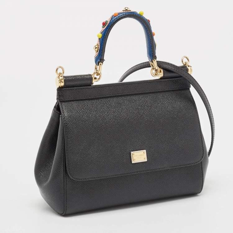 Pre Owned Dolce & Gabbana Black Leather Small Studded Miss Sicily Top Handle Bag
