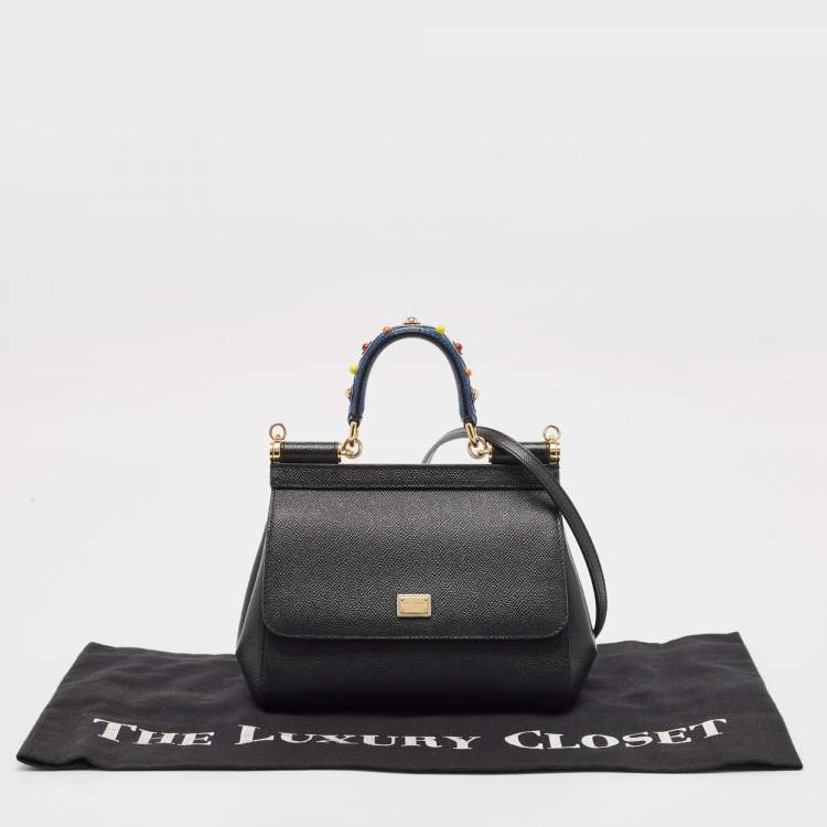 Pre Owned Dolce & Gabbana Black Leather Small Studded Miss Sicily Top Handle Bag