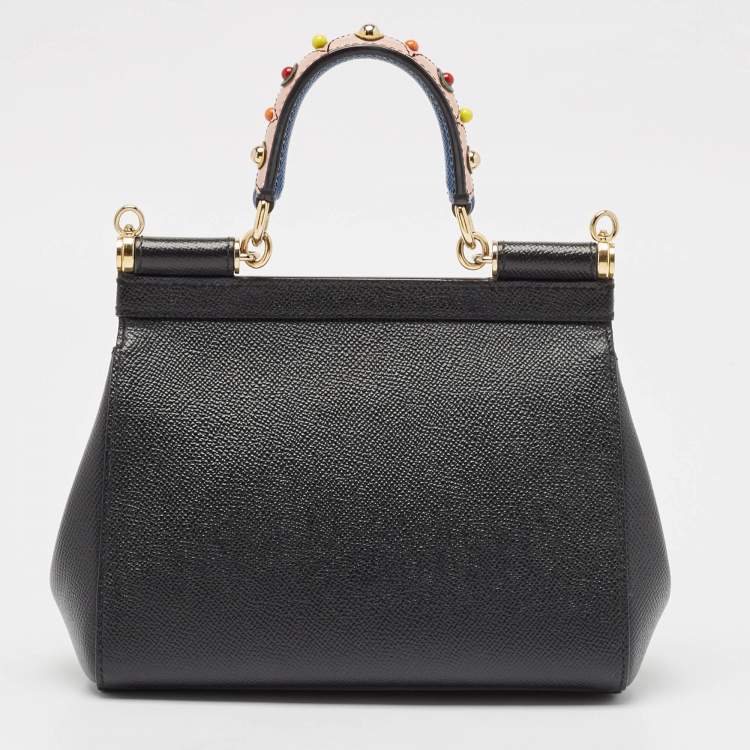 Pre Owned Dolce & Gabbana Black Leather Small Studded Miss Sicily Top Handle Bag