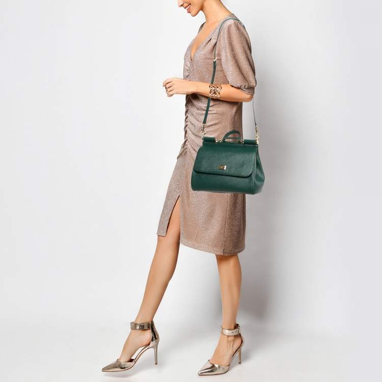 Pre Owned Dolce & Gabbana Green Leather Medium Miss Sicily Top Handle Bag