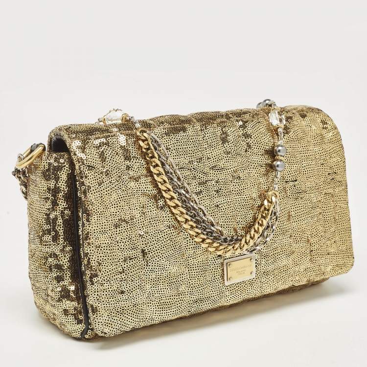 Pre Owned Dolce & Gabbana Gold Quilted Sequins Miss Charles Shoulder Bag