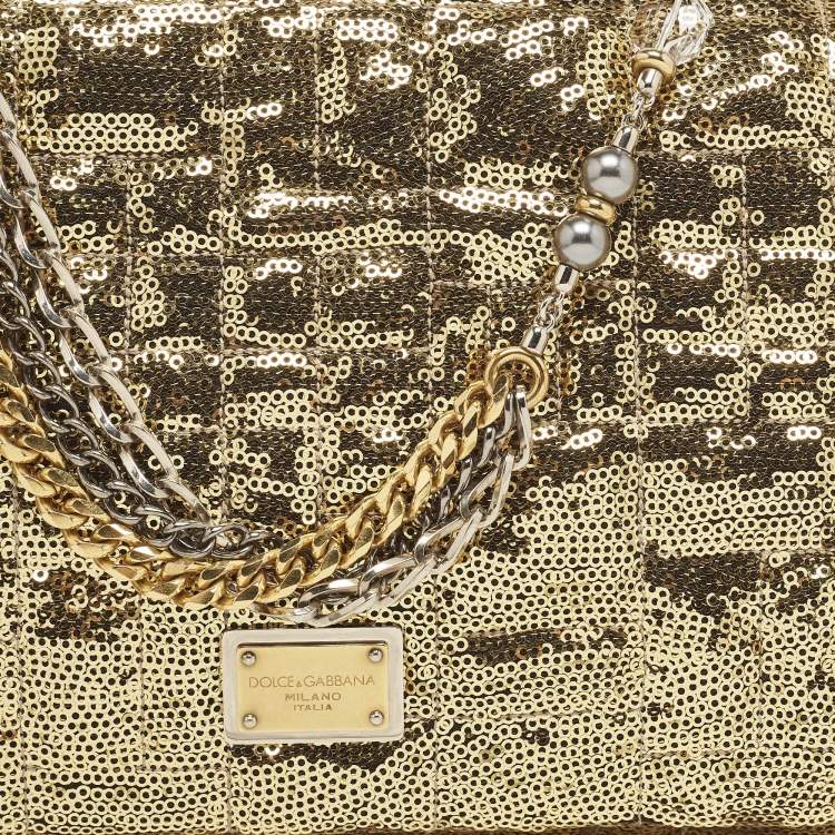 Pre Owned Dolce & Gabbana Gold Quilted Sequins Miss Charles Shoulder Bag