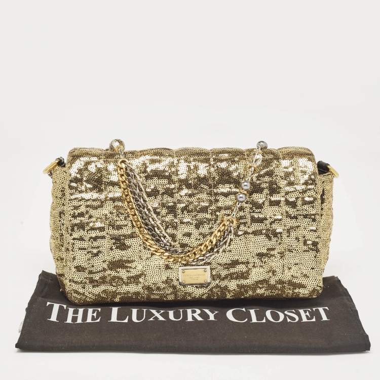 Pre Owned Dolce & Gabbana Gold Quilted Sequins Miss Charles Shoulder Bag