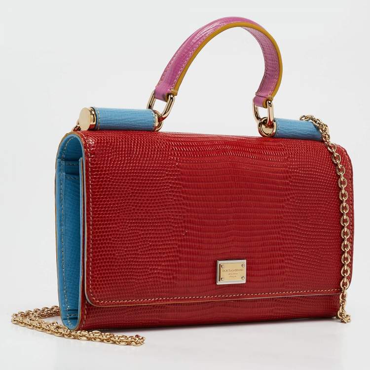 Pre Owned Dolce & Gabbana Multicolor Lizard Embossed Leather Miss Sicily Von Wallet on Chain