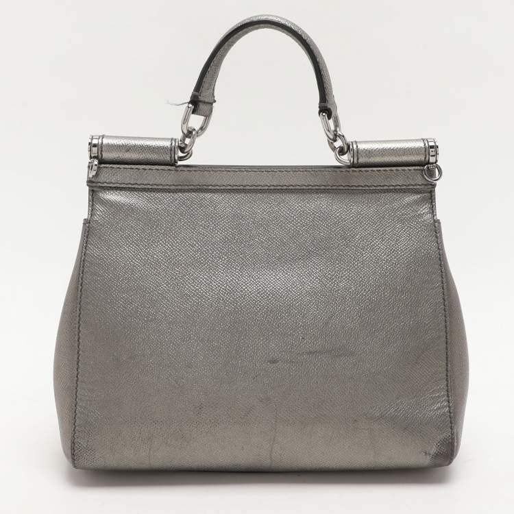 Pre Owned Dolce & Gabbana Silver Leather Medium Miss Sicily Top Handle Bag