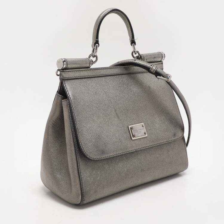 Pre Owned Dolce & Gabbana Silver Leather Medium Miss Sicily Top Handle Bag
