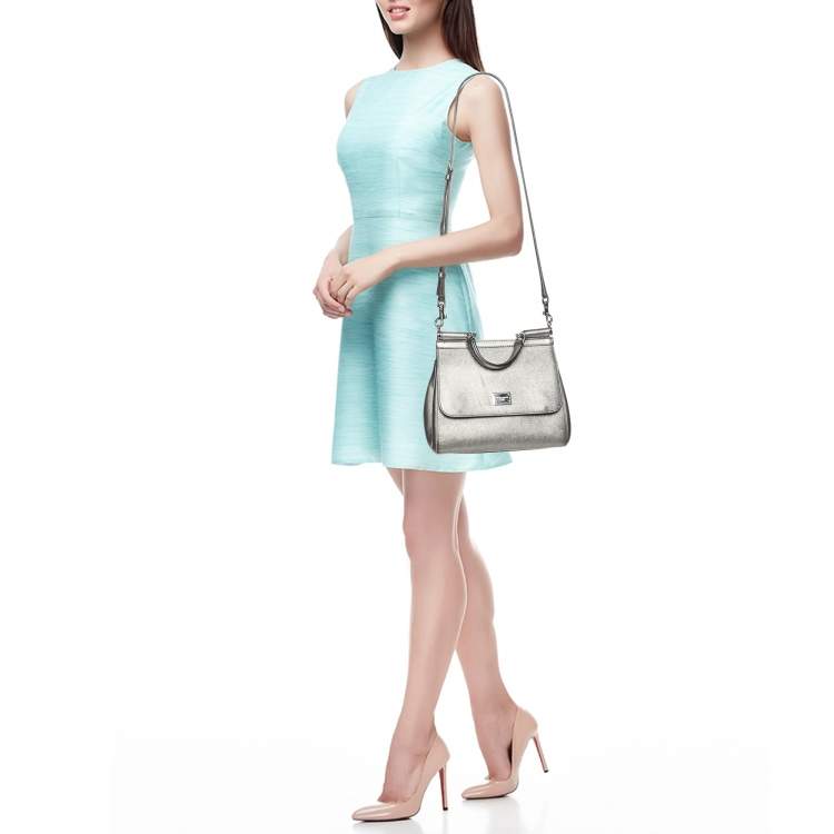 Pre Owned Dolce & Gabbana Silver Leather Medium Miss Sicily Top Handle Bag