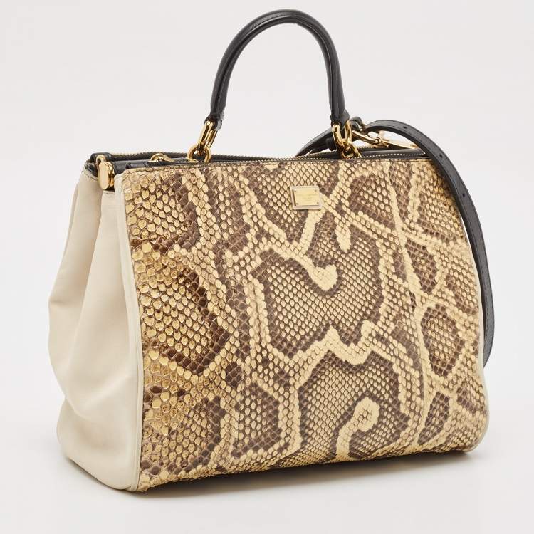 Pre Owned Dolce & Gabbana Cream/Light Beige Python Miss Sicily Shopper Bag