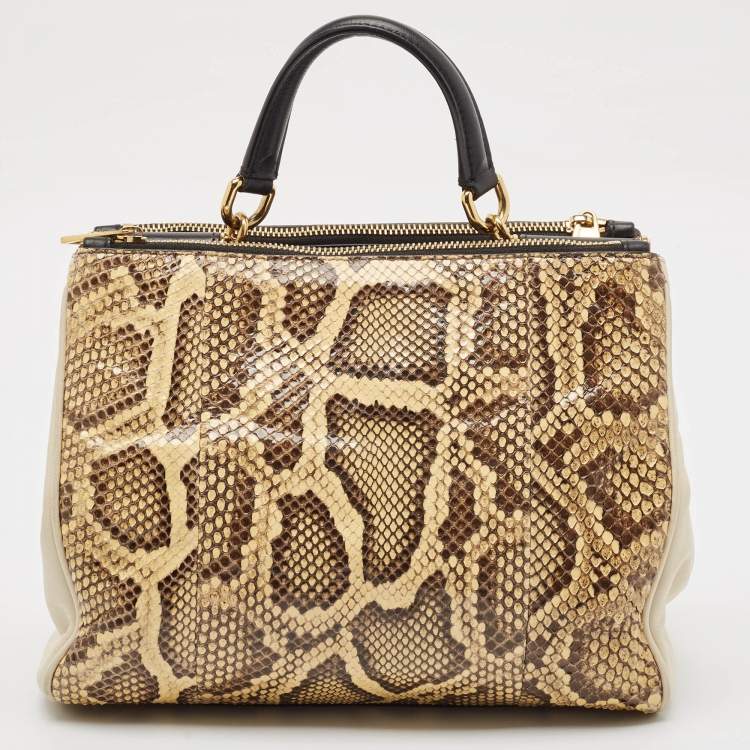 Pre Owned Dolce & Gabbana Cream/Light Beige Python Miss Sicily Shopper Bag