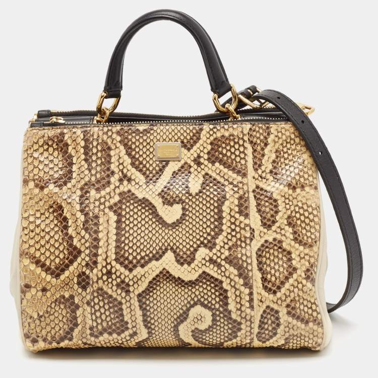Pre Owned Dolce & Gabbana Cream/Light Beige Python Miss Sicily Shopper Bag