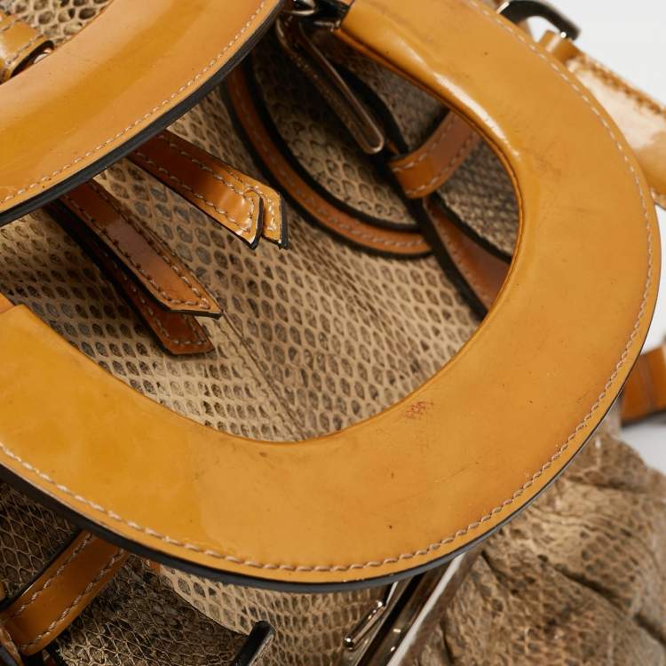 Pre Owned Dolce & Gabbana Yellow/Beige Snakeskin Miss Romantique Pocket Satchel