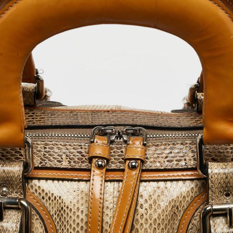 Pre Owned Dolce & Gabbana Yellow/Beige Snakeskin Miss Romantique Pocket Satchel