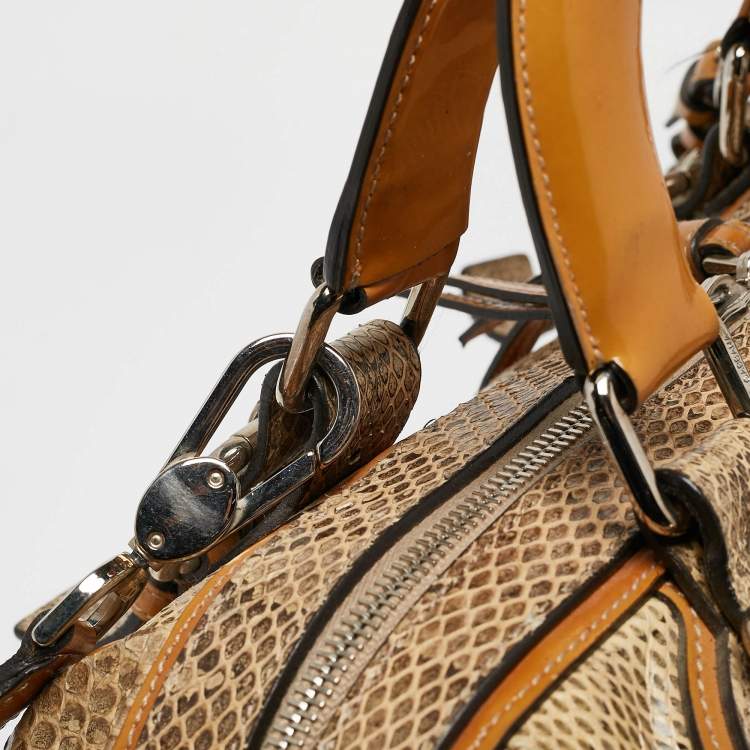 Pre Owned Dolce & Gabbana Yellow/Beige Snakeskin Miss Romantique Pocket Satchel