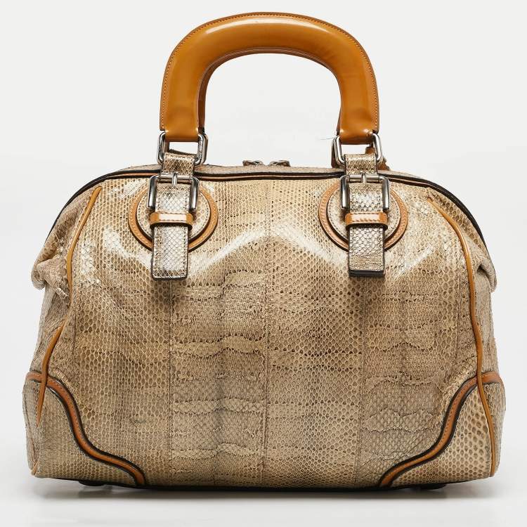 Pre Owned Dolce & Gabbana Yellow/Beige Snakeskin Miss Romantique Pocket Satchel