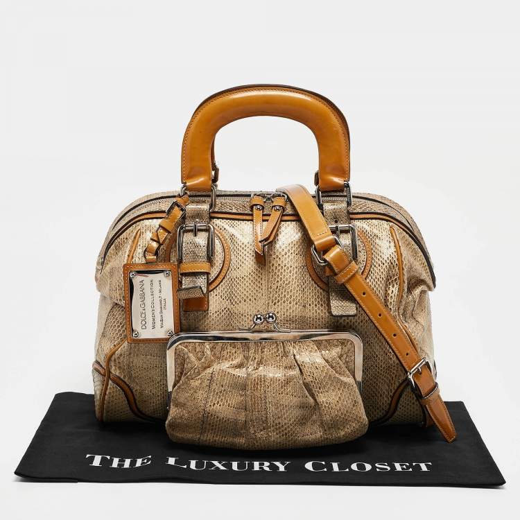 Pre Owned Dolce & Gabbana Yellow/Beige Snakeskin Miss Romantique Pocket Satchel