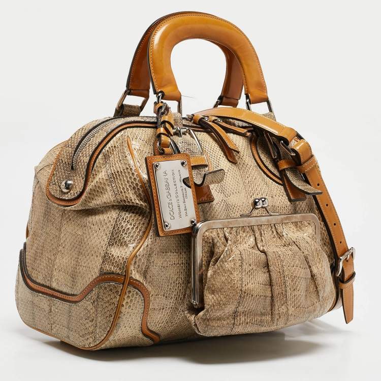 Pre Owned Dolce & Gabbana Yellow/Beige Snakeskin Miss Romantique Pocket Satchel