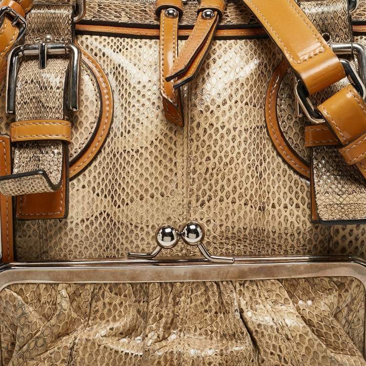 Pre Owned Dolce & Gabbana Yellow/Beige Snakeskin Miss Romantique Pocket Satchel