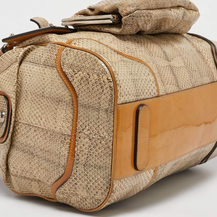 Pre Owned Dolce & Gabbana Yellow/Beige Snakeskin Miss Romantique Pocket Satchel