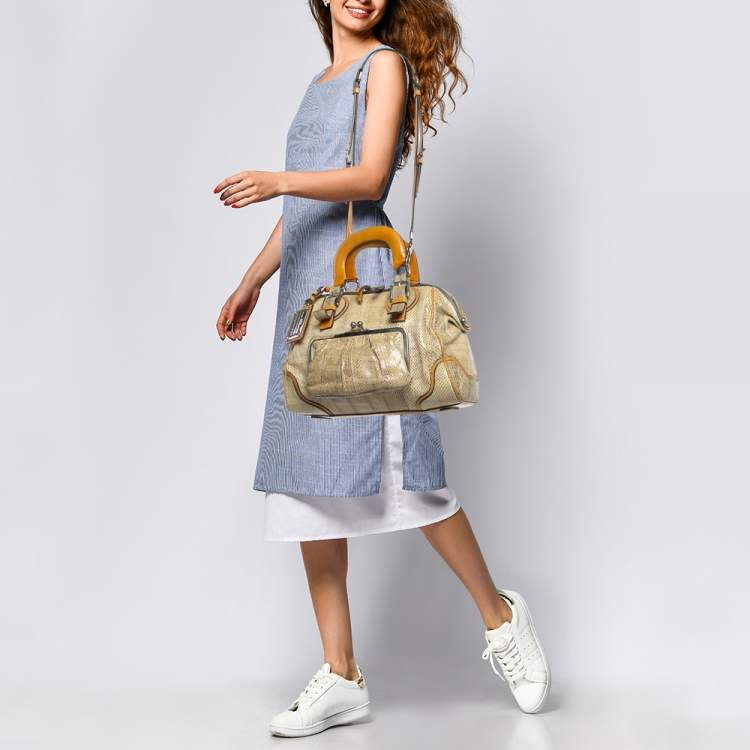 Pre Owned Dolce & Gabbana Yellow/Beige Snakeskin Miss Romantique Pocket Satchel