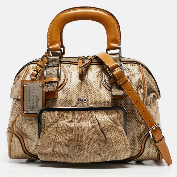 Pre Owned Dolce & Gabbana Yellow/Beige Snakeskin Miss Romantique Pocket Satchel
