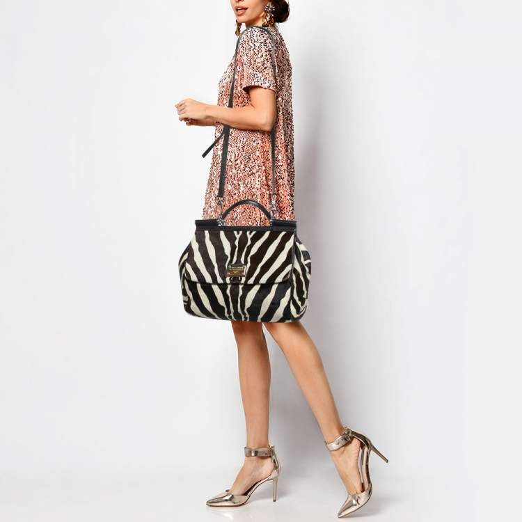 Pre Owned Dolce & Gabbana Brown/Off White Zebra Print Calf Hair Large Miss Sicily Top Handle Bag