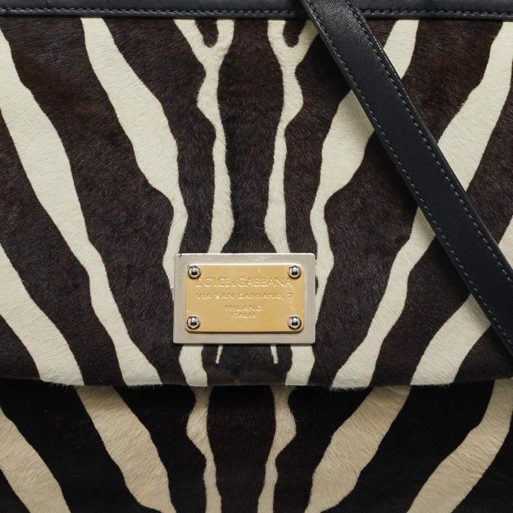 Pre Owned Dolce & Gabbana Brown/Off White Zebra Print Calf Hair Large Miss Sicily Top Handle Bag