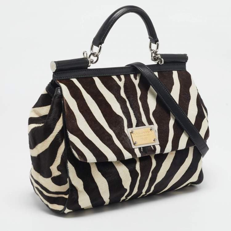 Pre Owned Dolce & Gabbana Brown/Off White Zebra Print Calf Hair Large Miss Sicily Top Handle Bag
