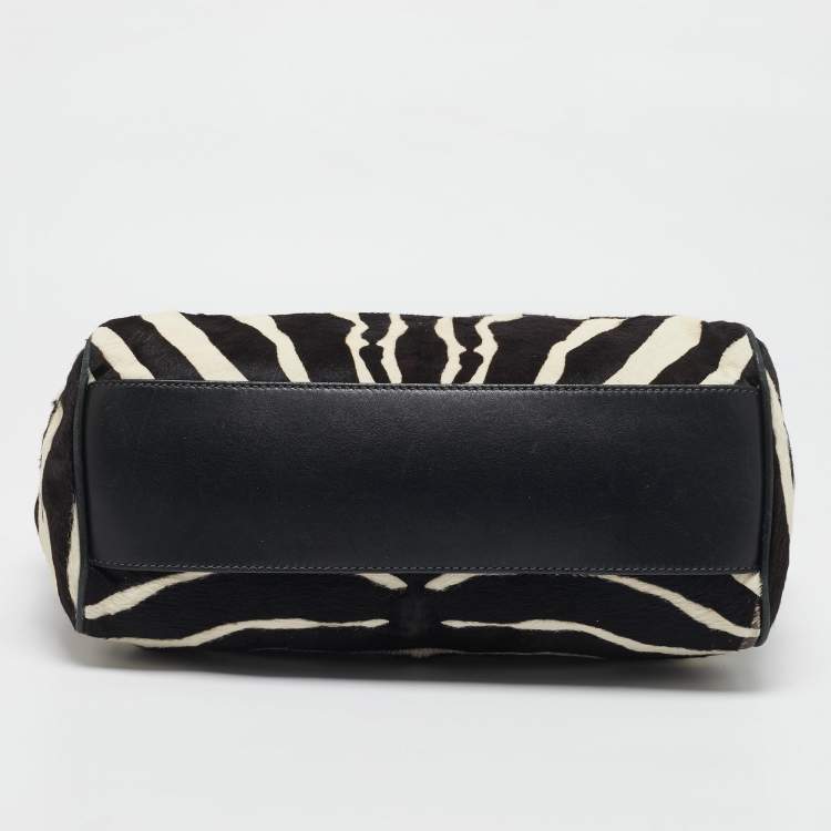 Pre Owned Dolce & Gabbana Brown/Off White Zebra Print Calf Hair Large Miss Sicily Top Handle Bag