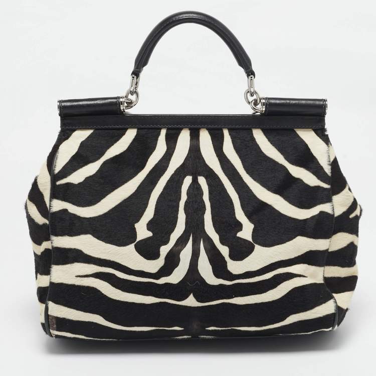Pre Owned Dolce & Gabbana Brown/Off White Zebra Print Calf Hair Large Miss Sicily Top Handle Bag