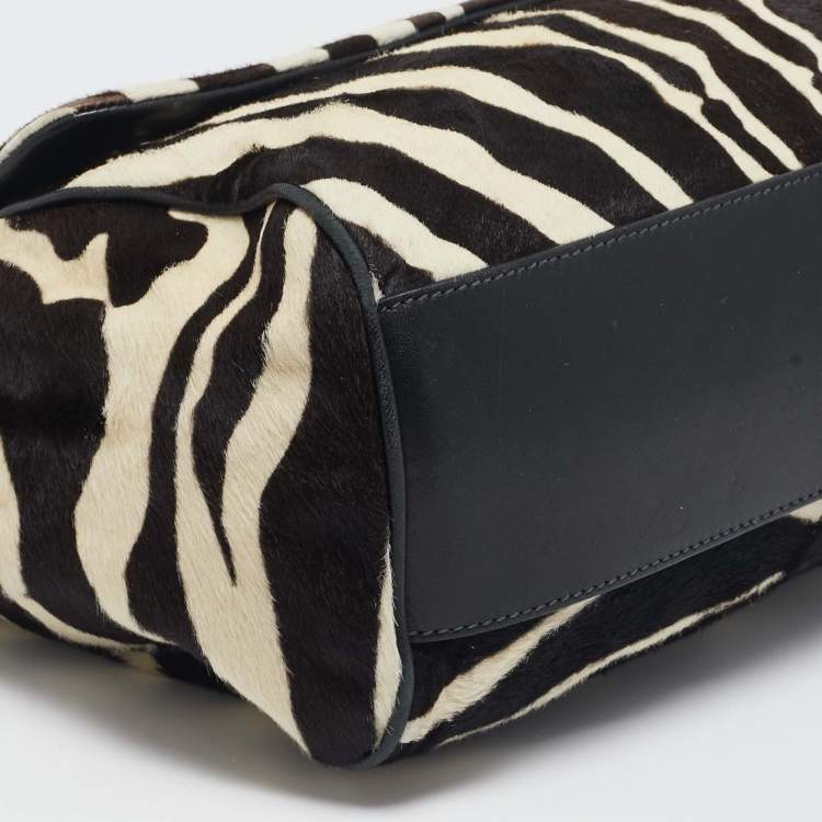 Pre Owned Dolce & Gabbana Brown/Off White Zebra Print Calf Hair Large Miss Sicily Top Handle Bag