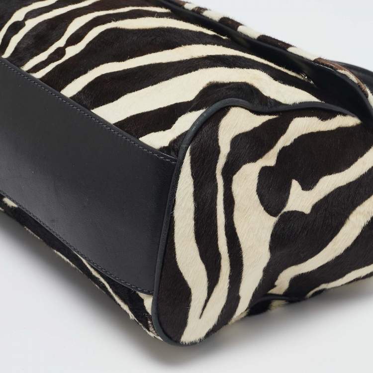 Pre Owned Dolce & Gabbana Brown/Off White Zebra Print Calf Hair Large Miss Sicily Top Handle Bag