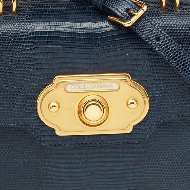 Pre Owned Dolce & Gabbana Teal Lizard Embossed Leather Mini Welcome Top Handle Bag