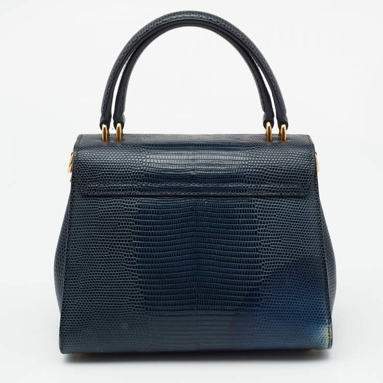 Pre Owned Dolce & Gabbana Teal Lizard Embossed Leather Mini Welcome Top Handle Bag