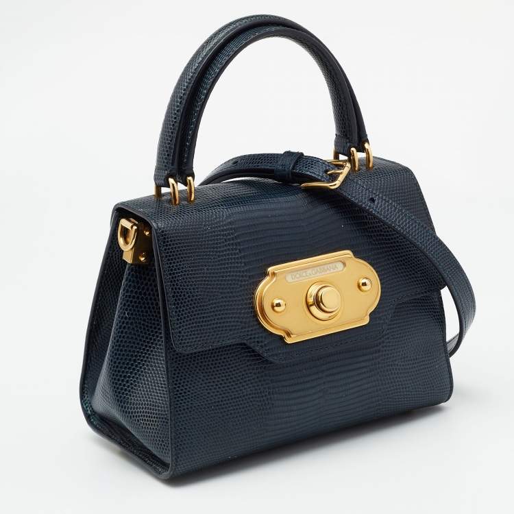 Pre Owned Dolce & Gabbana Teal Lizard Embossed Leather Mini Welcome Top Handle Bag