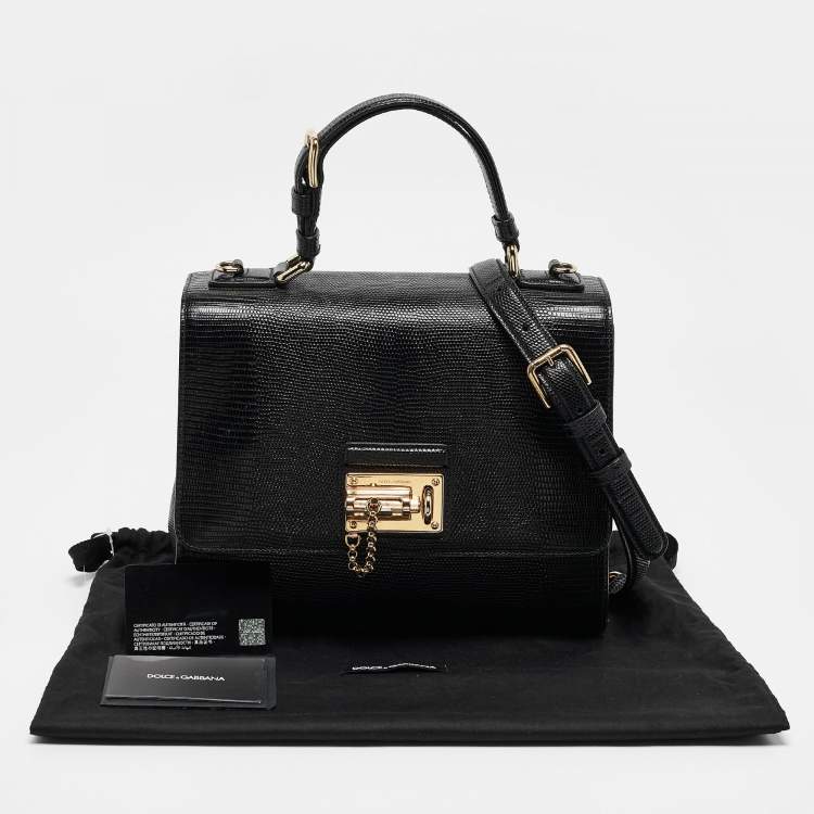 Pre Owned Dolce & Gabbana Black Lizard Embossed Leather Medium Miss Monica Top Handle Bag