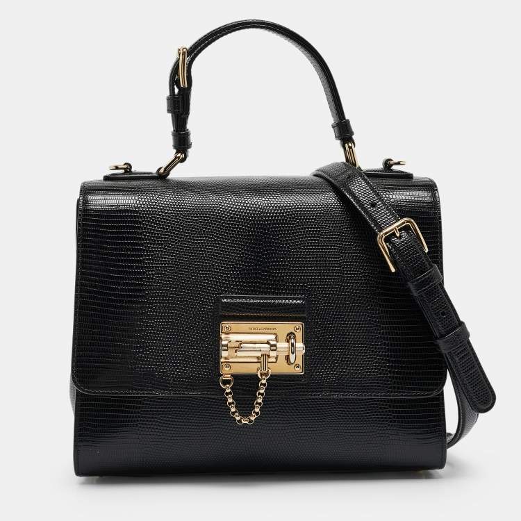 Pre Owned Dolce & Gabbana Black Lizard Embossed Leather Medium Miss Monica Top Handle Bag