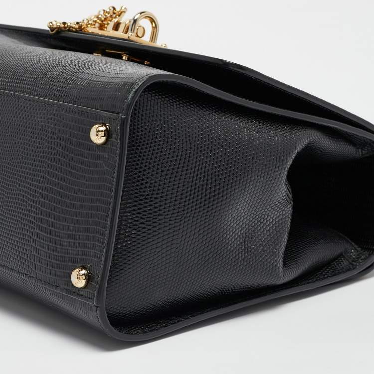 Pre Owned Dolce & Gabbana Black Lizard Embossed Leather Medium Miss Monica Top Handle Bag