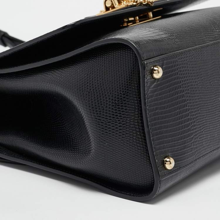 Pre Owned Dolce & Gabbana Black Lizard Embossed Leather Medium Miss Monica Top Handle Bag