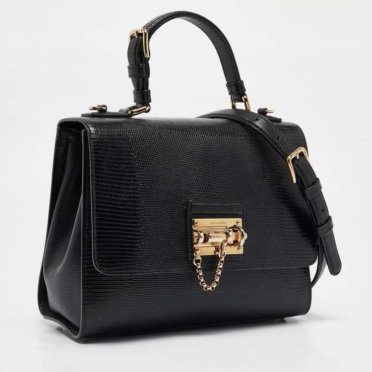 Pre Owned Dolce & Gabbana Black Lizard Embossed Leather Medium Miss Monica Top Handle Bag