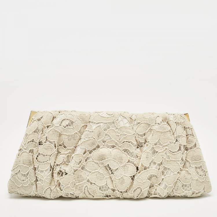 Pre Owned Dolce & Gabbana Beige Brocade Lace Frame Clutch