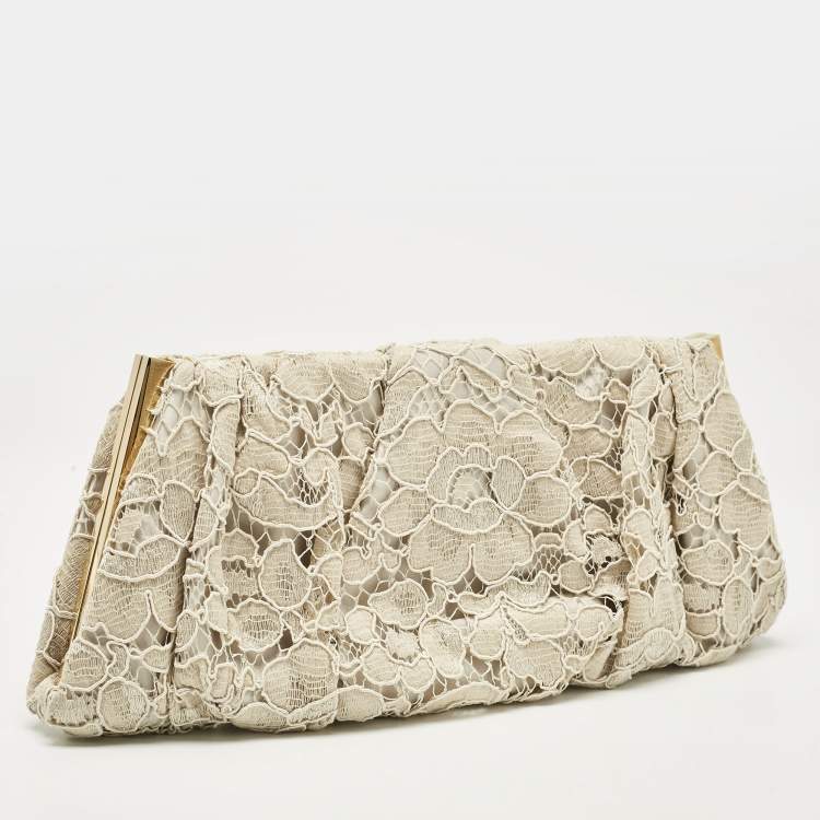 Pre Owned Dolce & Gabbana Beige Brocade Lace Frame Clutch