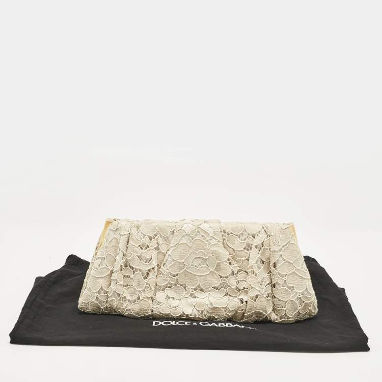 Pre Owned Dolce & Gabbana Beige Brocade Lace Frame Clutch