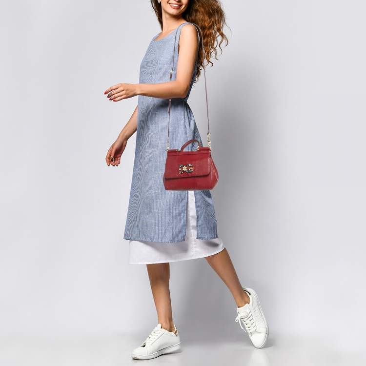 مملوكة مسبقًا Dolce & Gabbana Red Lizard Embossed Leather Small Crystals DG Miss Sicily Bag