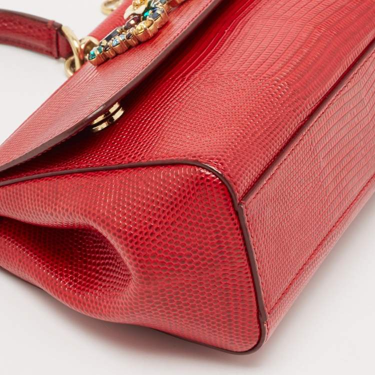 مملوكة مسبقًا Dolce & Gabbana Red Lizard Embossed Leather Small Crystals DG Miss Sicily Bag